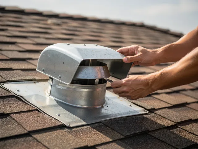 Glocester Dryer Vent Cleaning certified technician safely cleaning a roof-mounted dryer vent in Glocester