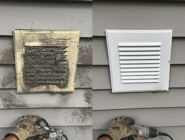 Glocester Dryer Vent Cleaning technician installing high-quality dryer vent cover at a residential property in Glocester
